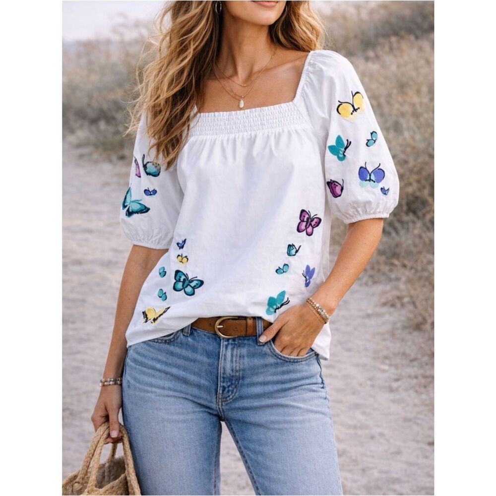 Talbots Embroidered Poplin Top - Scattered Butterfly